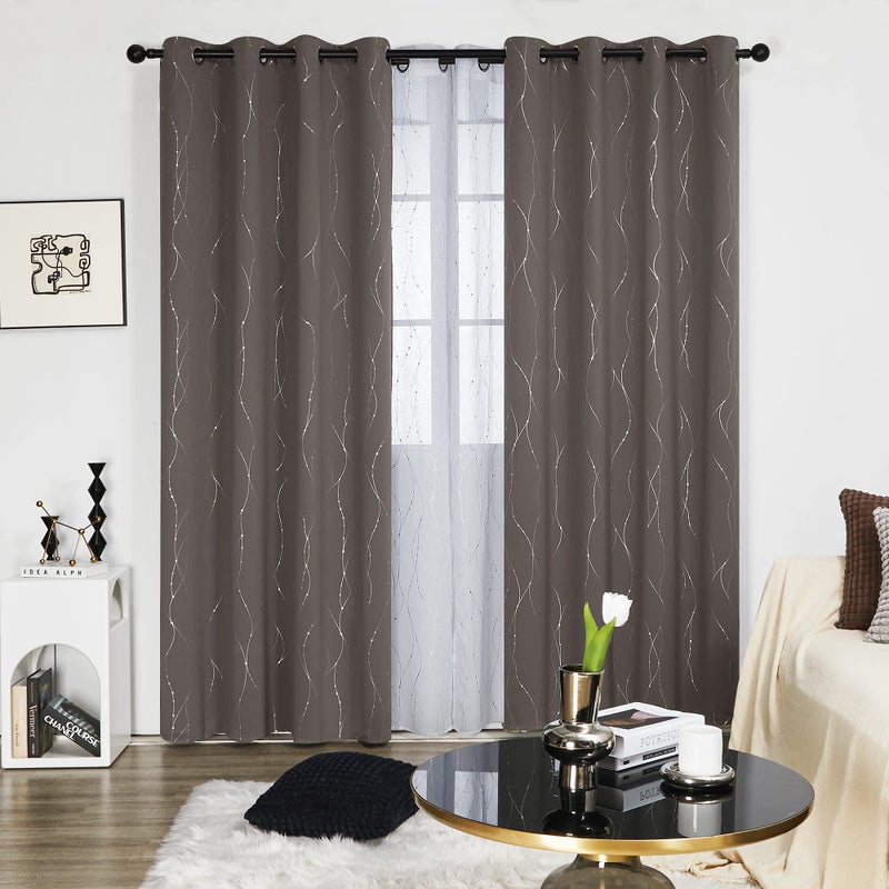 Deconovo Blackout Curtains, Taupe Thermal Insulated Grommet Drapes, Silver Wave Dots Foil Print, Light Blocking Panels, 52" W x 95" L, 2 Panels, for Bedroom Living Room Sliding Door - Image 2